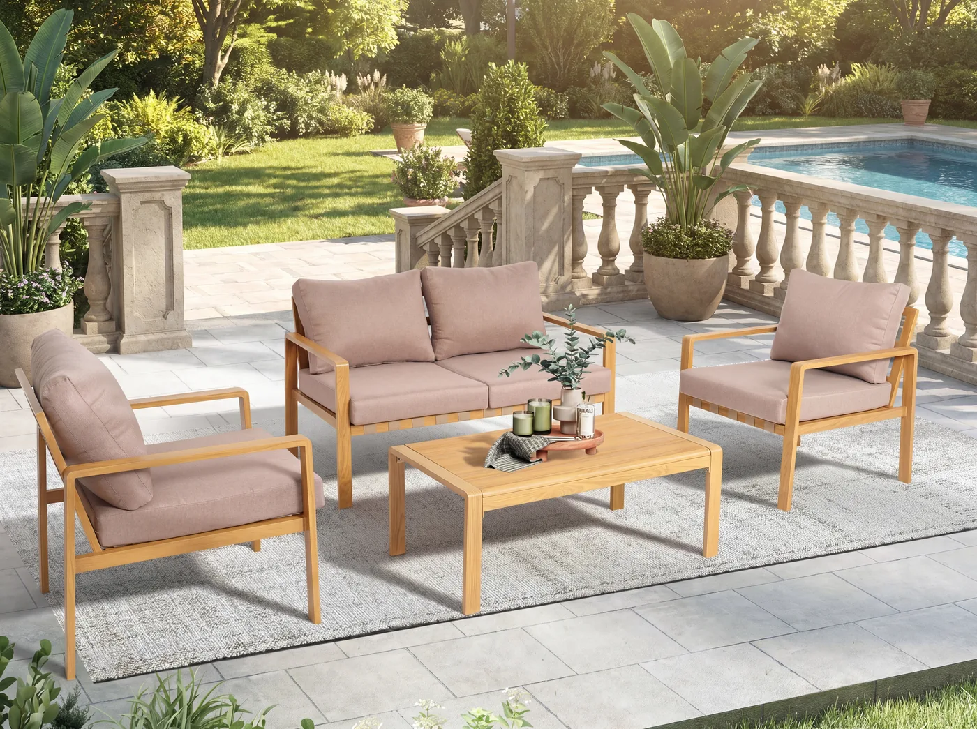 Aluminum frame outdoor sofa and matching chairs