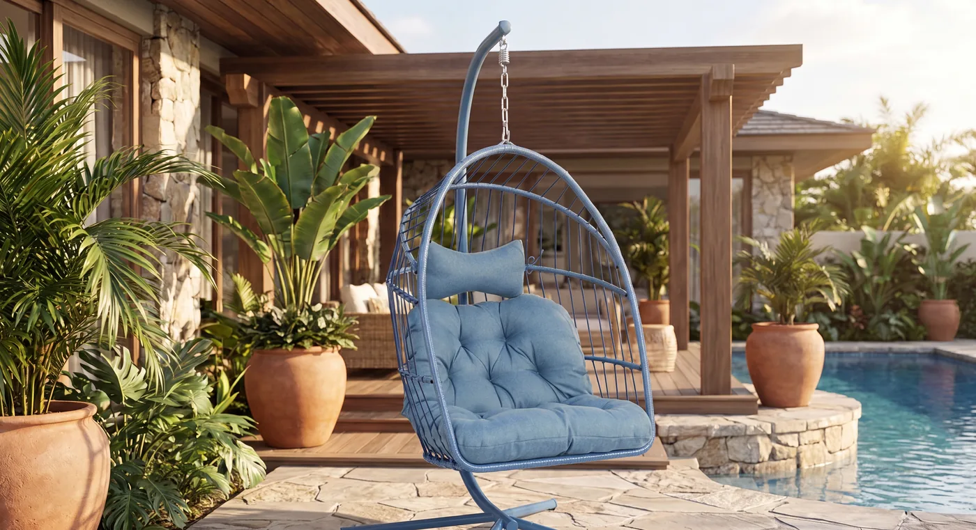 Blue cushioned hanging egg chair on a patio
