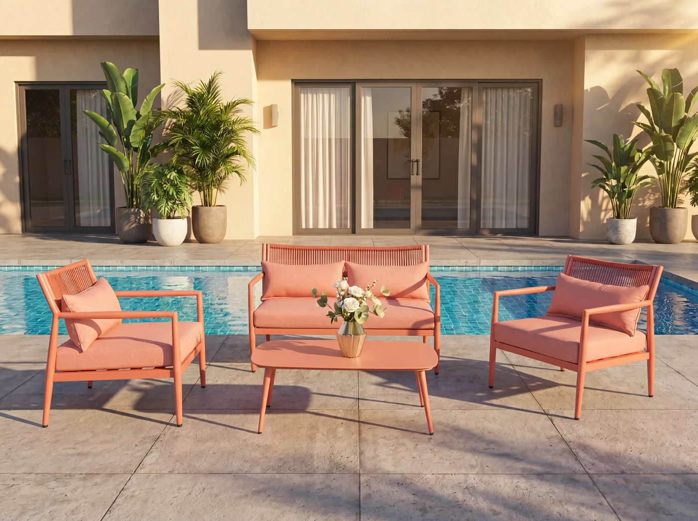 Coral outdoor bistro chairs and table near a pool