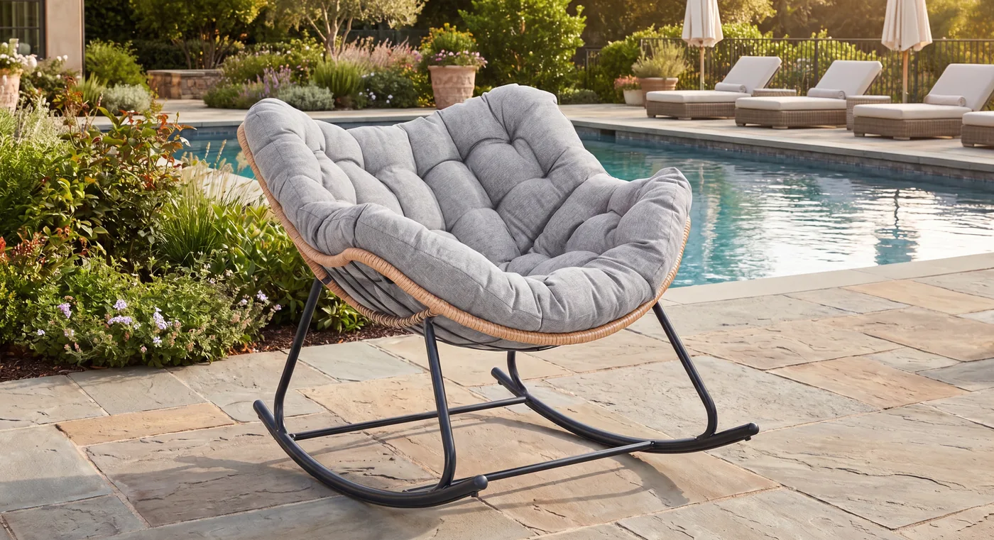 Dark outdoor papasan lounge chair beside a pool