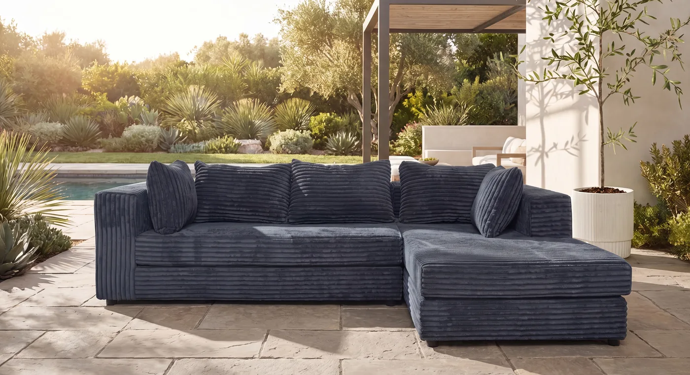 Dark outdoor sectional sofa on a patio