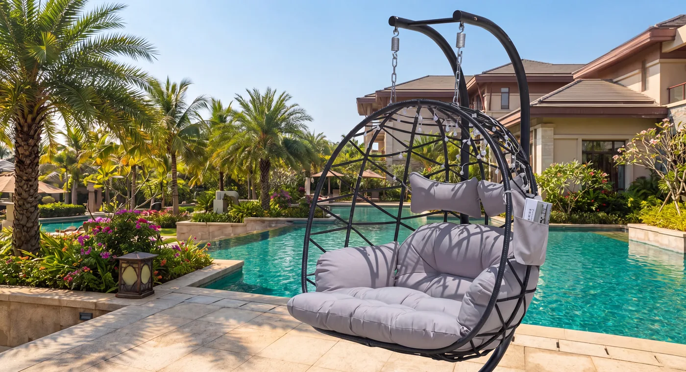 Double outdoor hanging chair with gray cushions