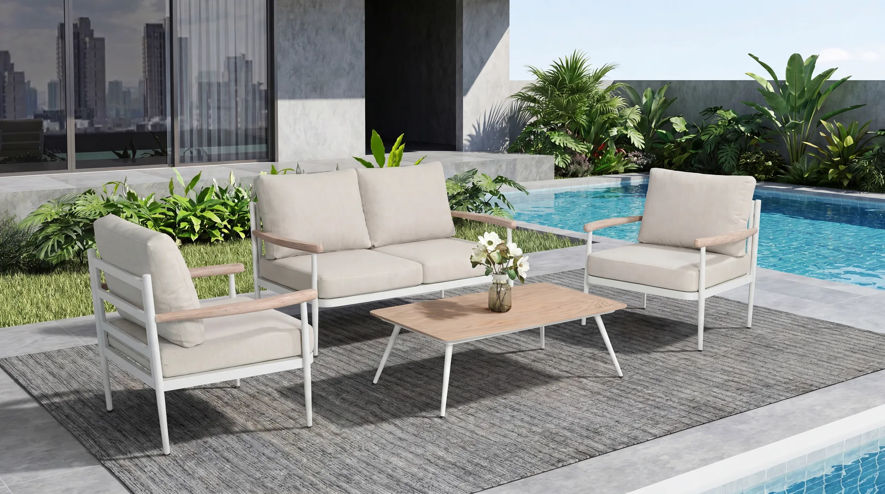 Outdoor patio lounge set beside a pool for B2B furniture sourcing