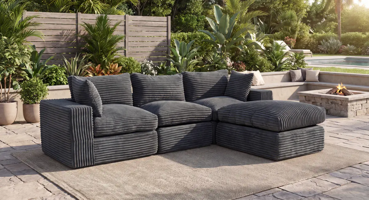 Gray modular outdoor sofa set in a garden patio scene
