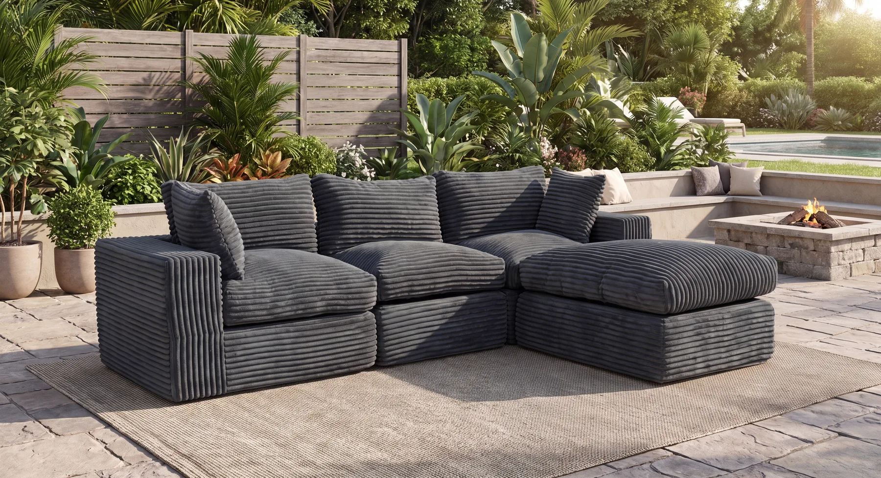 Gray modular outdoor sofa set in a garden patio scene