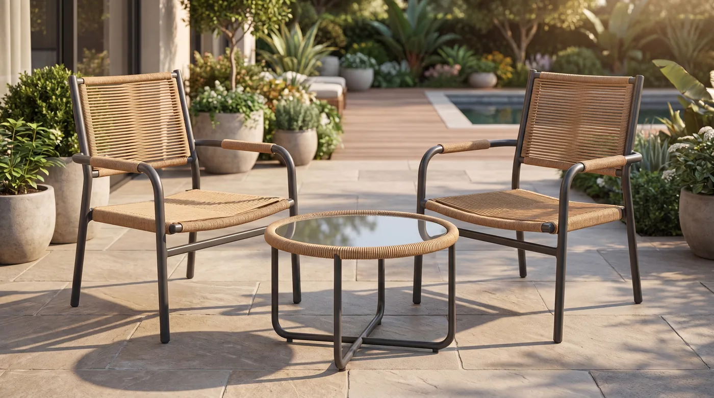 Outdoor lounge chairs with a low table in a garden scene