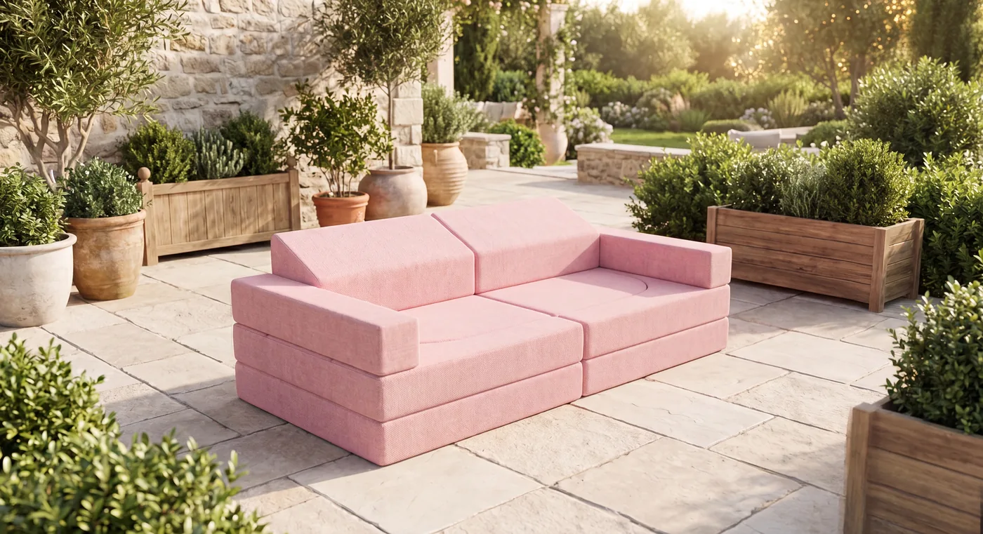 Pink modular outdoor daybed under a pergola