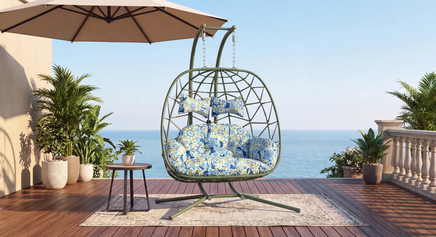 Woven hanging egg chair beside a pool