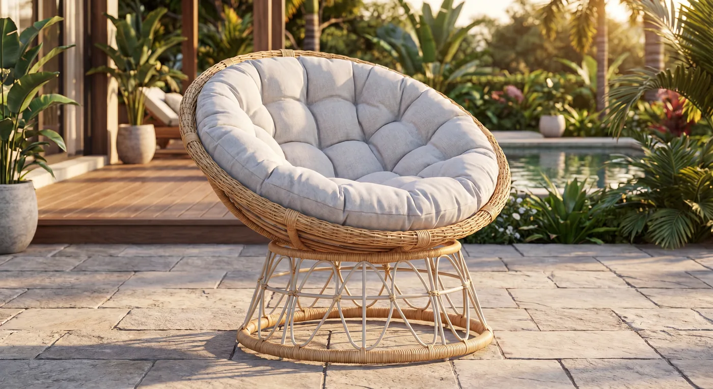 Round outdoor papasan lounge chair with cushion