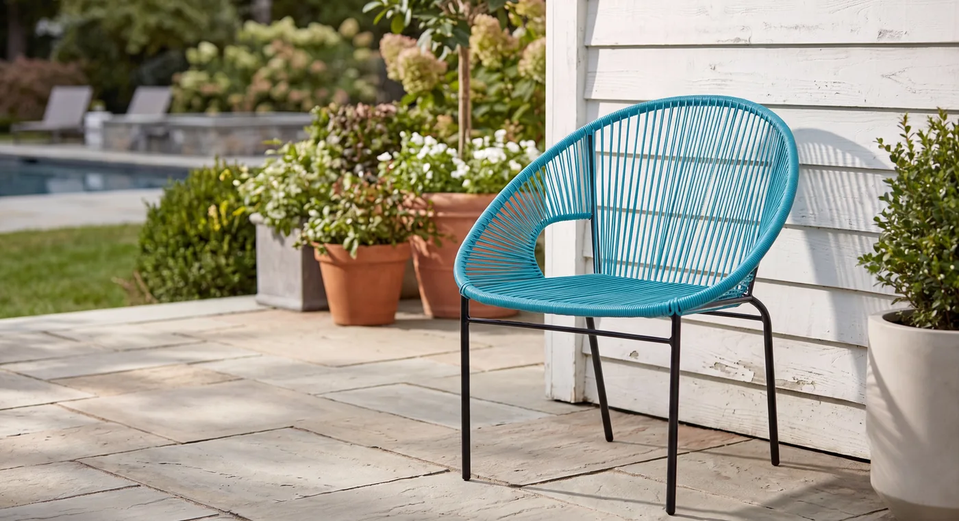 Turquoise outdoor accent chair on a patio