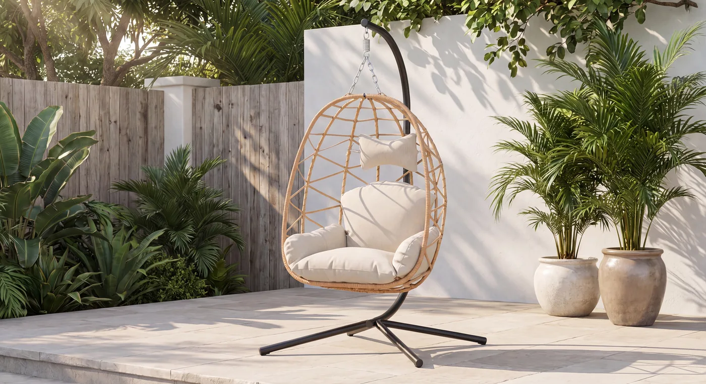 White outdoor hanging chair with cushion