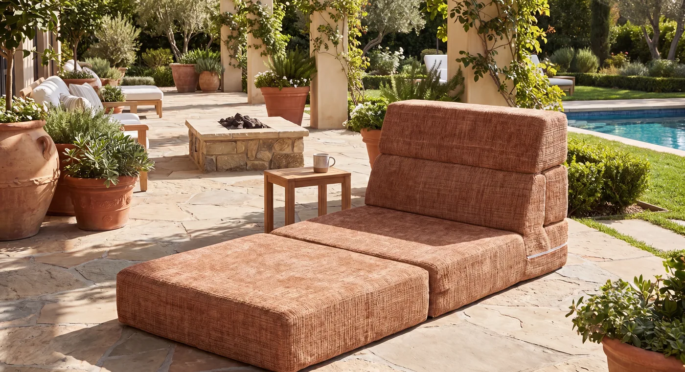 Woven outdoor chaise lounge in a garden scene