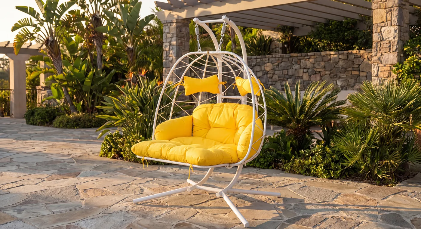 Yellow outdoor hanging chair in a garden setting